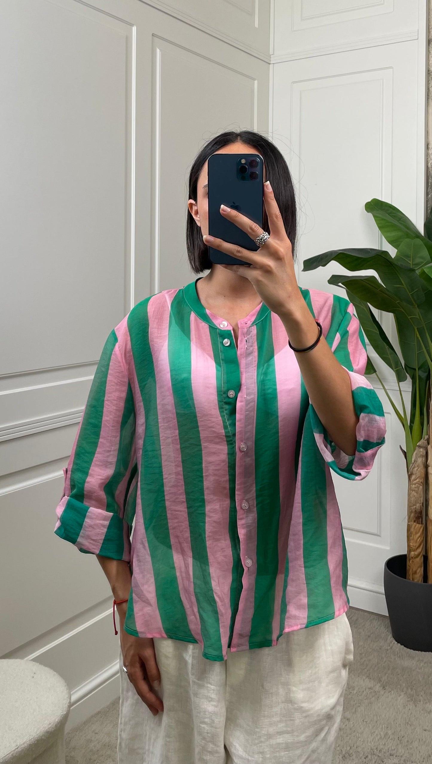 Camicia coreana righe verticali verde\rosa HaveOne - CVS-Q422-