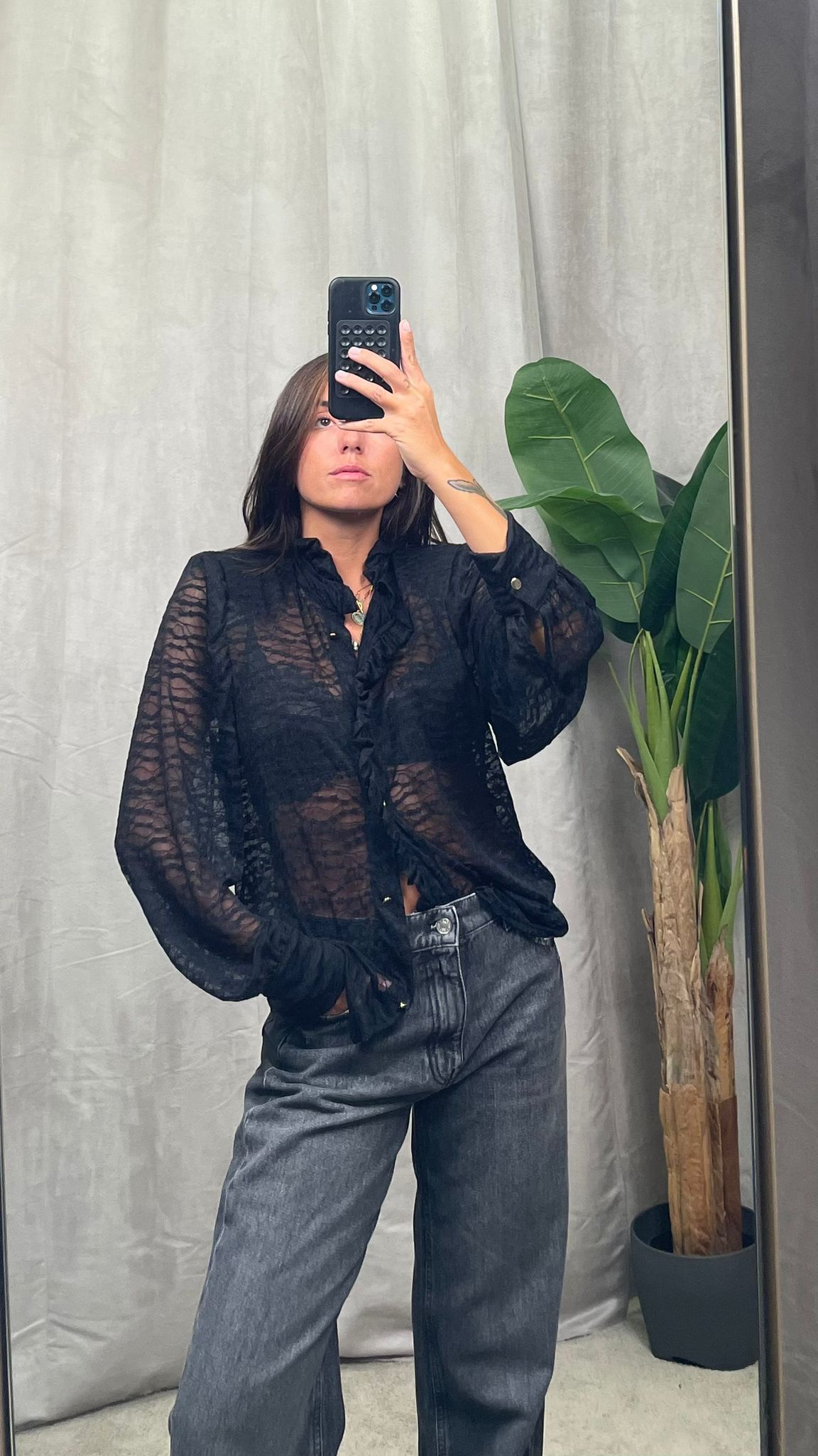 Camicia HaveOne pizzo e rouches (Panna-Nero) -CVS-P032-