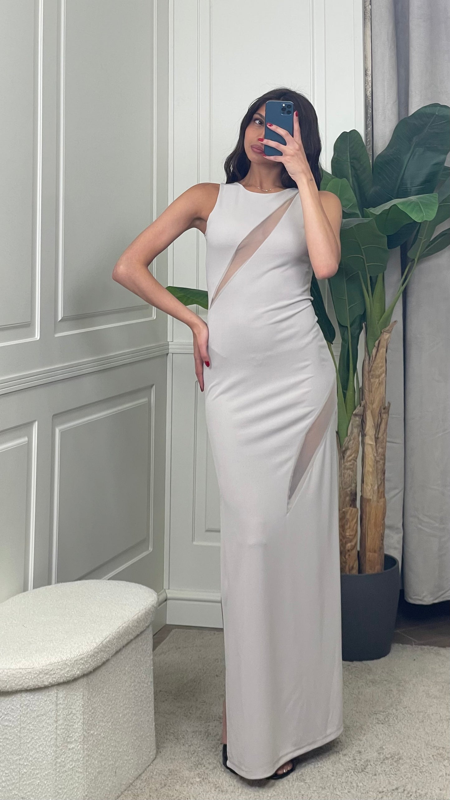 Abito lungo con tagli in tulle sabbia HaveOne - AMA-L031 -