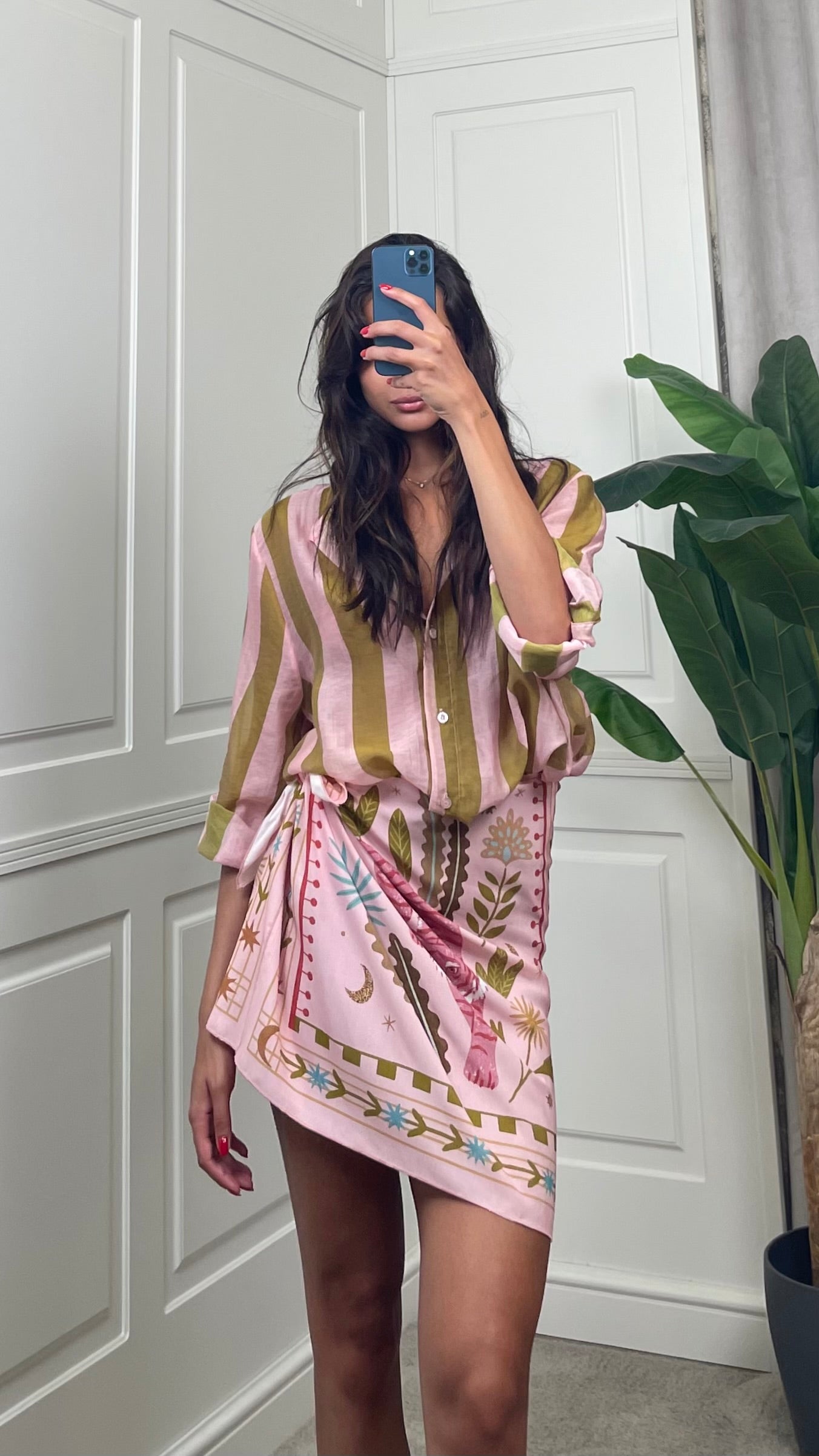 Camicia coreana righe verticali rosa/verde HaveOne - CVS-Q422 -