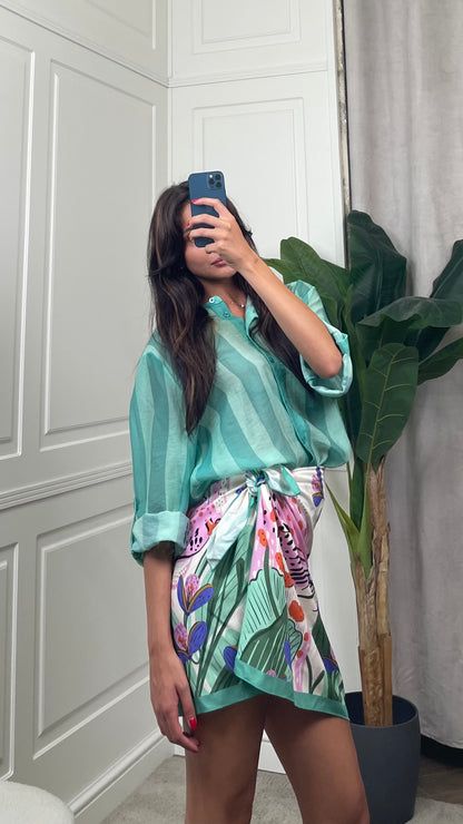 Camicia coreana righe verticali turchese HaveOne  -