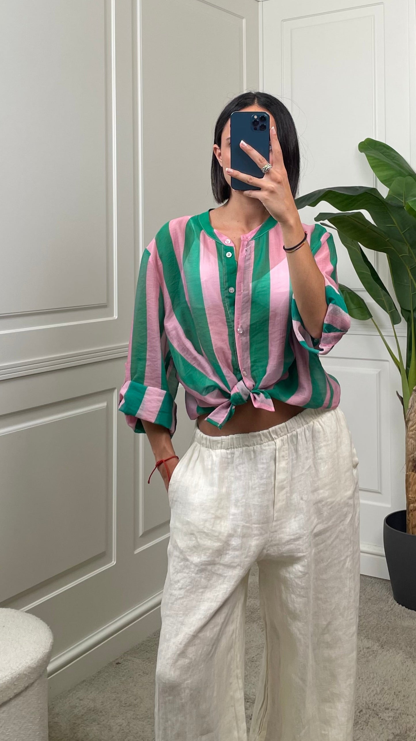 Camicia coreana righe verticali verde\rosa HaveOne - CVS-Q422-