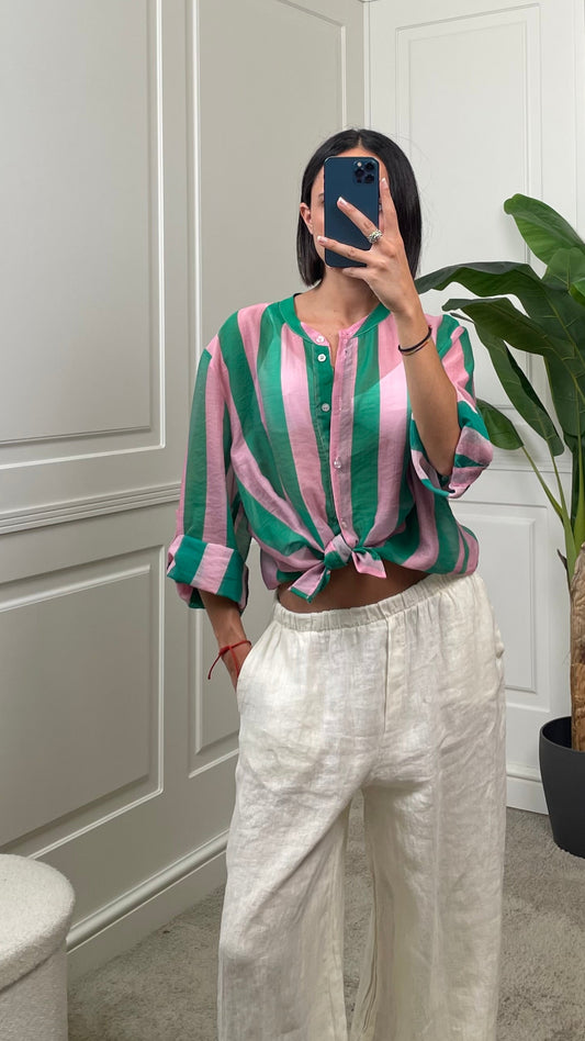 Camicia coreana righe verticali verde\rosa HaveOne - CVS-Q422-