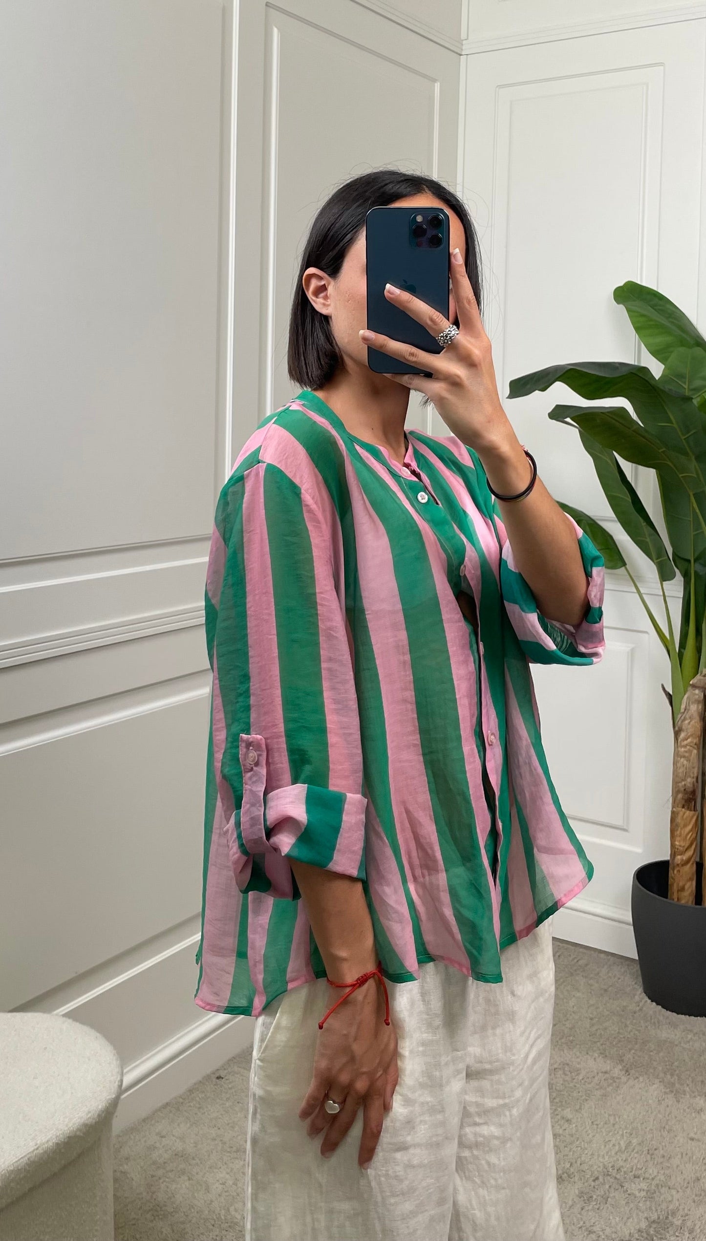 Camicia coreana righe verticali verde\rosa HaveOne - CVS-Q422-