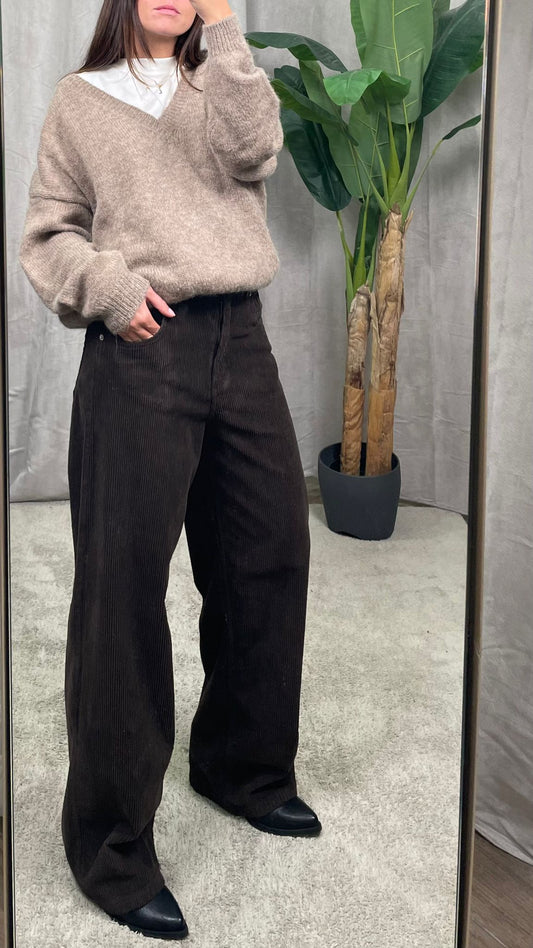 Pantalone HaveOne "Bella" in velluto a coste -PLS-P238- (Moro/Crema)