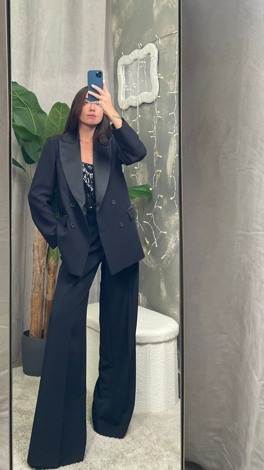 Tailleur nero doppiopetto con dettagli in raso HaveOne -JCB-P106- -PCB-P246-