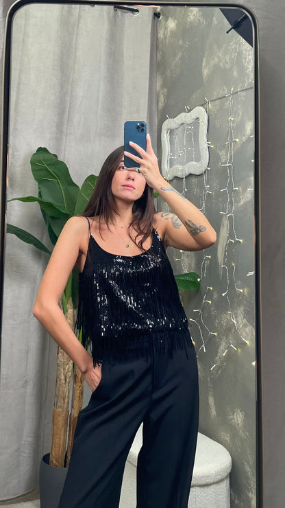 Top HaveOne con frange e paillettes (Argento/Nero) -RGE-P060-