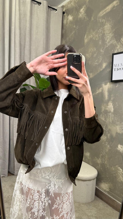Giacca bomber in vera pelle con frange -TAB0170-